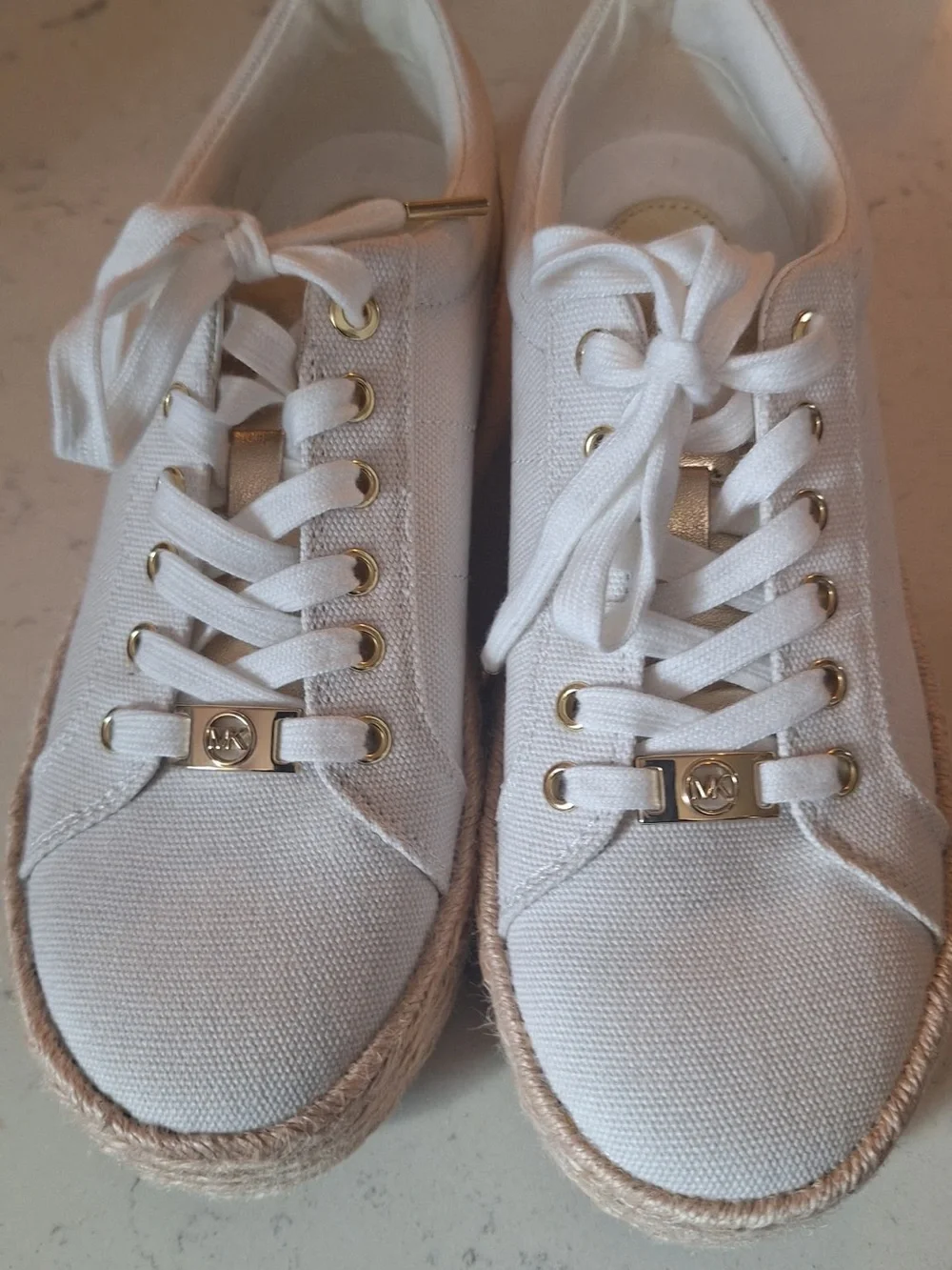 Michael Kors White Canvas Espadrille Sneakers with Gold Hardware